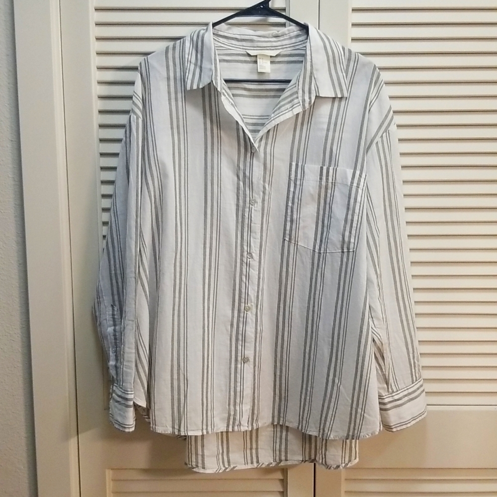 White button up with tan stripes